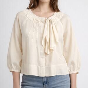 SEE BY CHLOE 100% Silk Blouse Pleated Bow Ruffle Tie Neck Cottagecore Top White